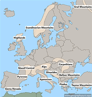 Map of Europe - Mountain Ranges - English