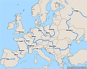 Mapa do Europa - Rios - Portuguese - português