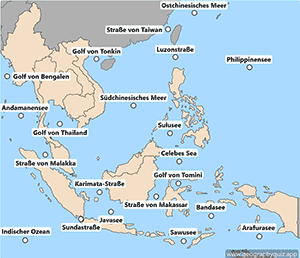 Karte von Südostasien - Gewässer - German - Deutsch