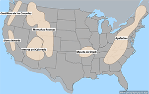 Mapa de Estados Unidos - Cordilleras - Spanish - español